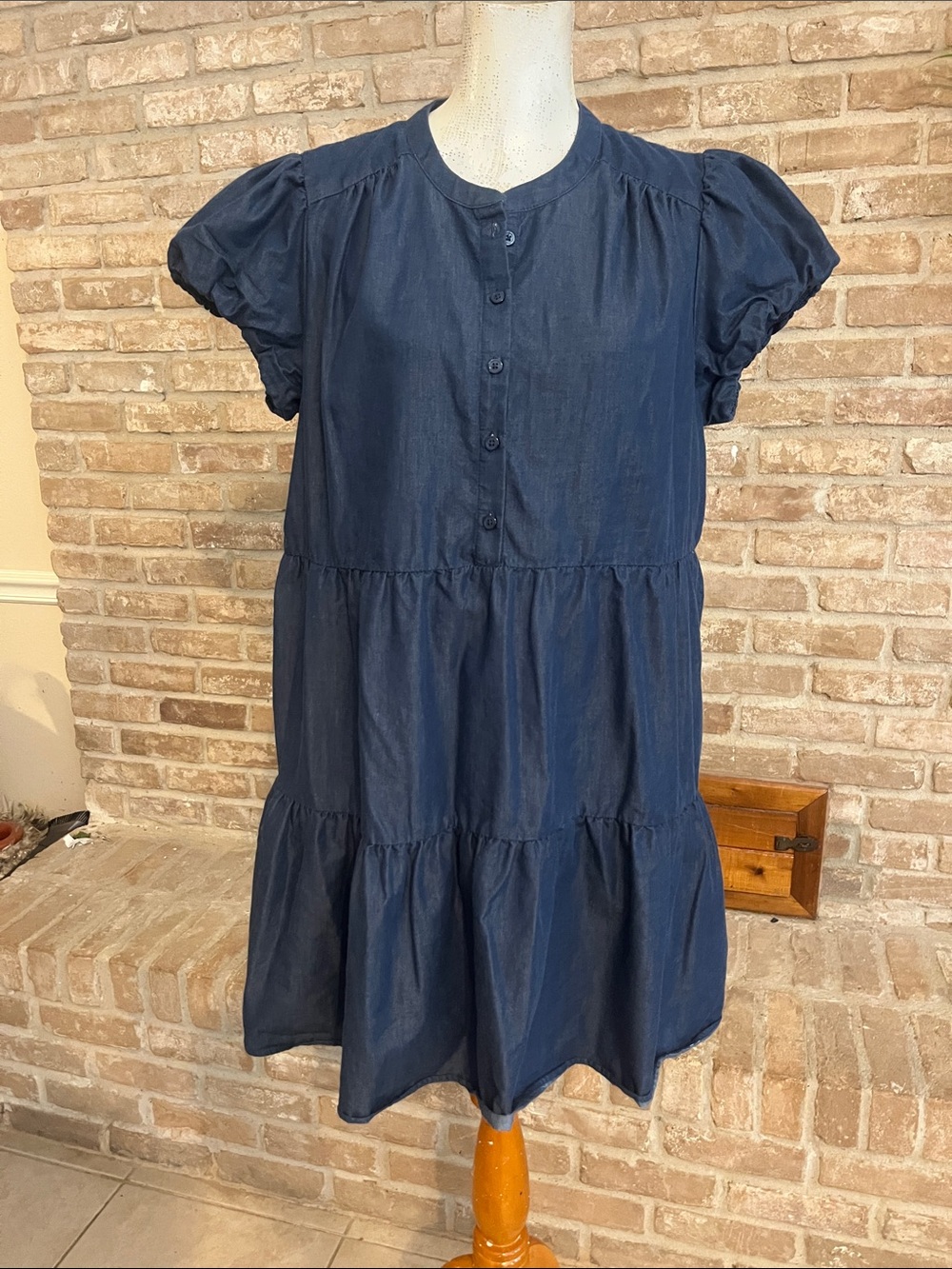 London Times Navy Button-Tiered Puff-Sleeve Casual Dress
